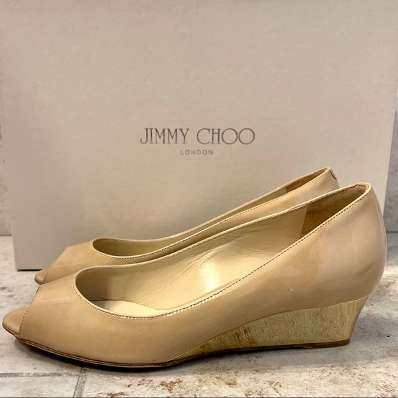 Jimmy Choo Shoes - Jimmy Choo Bergen Peep toe gold 35mm wedge heel